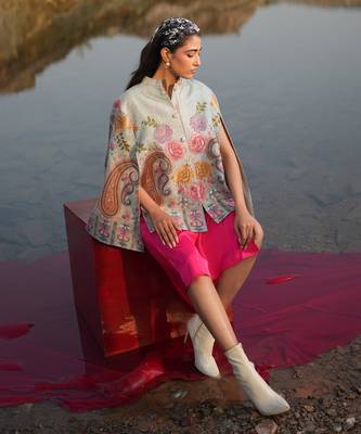 Floral Hues Pink Embroidered Cape 1