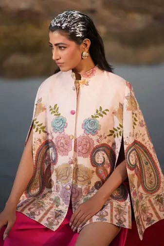 Floral Hues Pink Embroidered Cape
