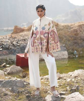 Floral Hues White Embroidered Cape 1