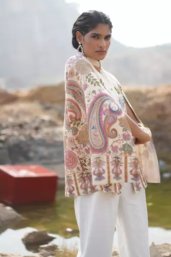 Floral Hues White Embroidered Cape