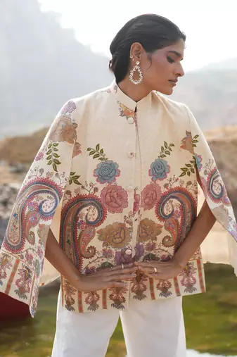 Floral Hues White Embroidered Cape
