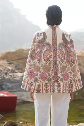 Floral Hues White Embroidered Cape