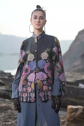 Floral Hues Black Embroidered Cape