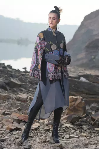 Floral Hues Black Embroidered Cape