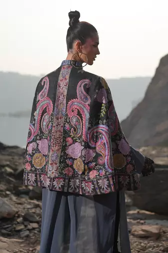 Floral Hues Black Embroidered Cape