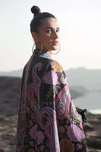 Floral Hues Black Embroidered Cape
