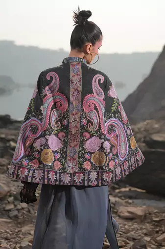 Floral Hues Black Embroidered Cape