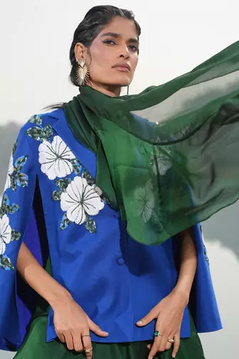 White Floral  Royal Blue Cape