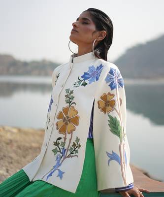 White With Blue & Golden Floral Cape 2