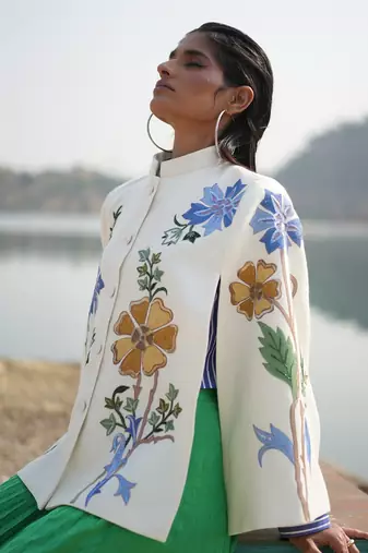 White With Blue & Golden Floral Cape