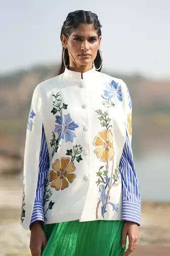 White With Blue & Golden Floral Cape