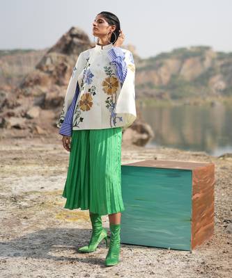 White With Blue & Golden Floral Cape 4