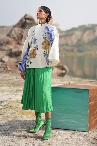 White With Blue & Golden Floral Cape