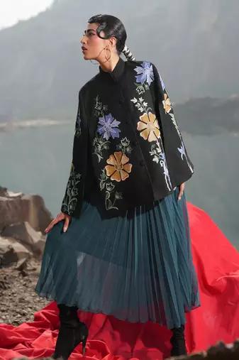 Black With Blue & Golden Floral Cape