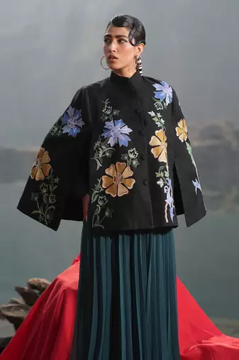 Black With Blue & Golden Floral Cape