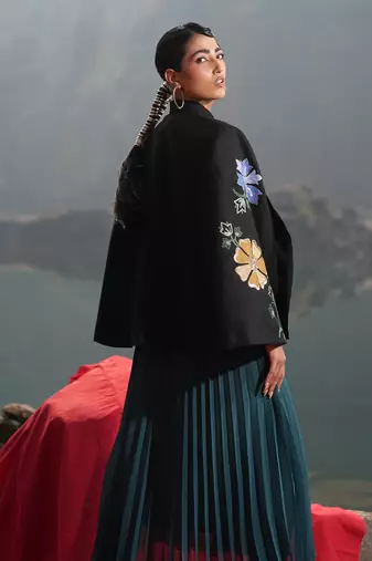 Black With Blue & Golden Floral Cape