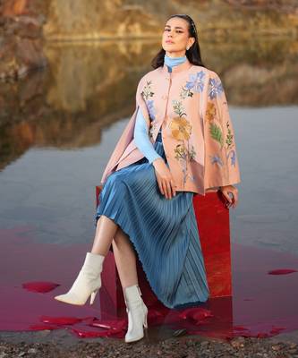 Pink With Blue & Golden Floral Cape 1