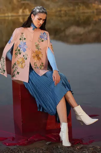 Pink With Blue & Golden Floral Cape