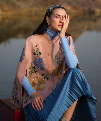 Pink With Blue & Golden Floral Cape 3