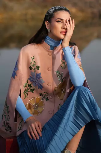 Pink With Blue & Golden Floral Cape