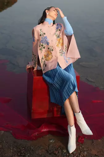Pink With Blue & Golden Floral Cape