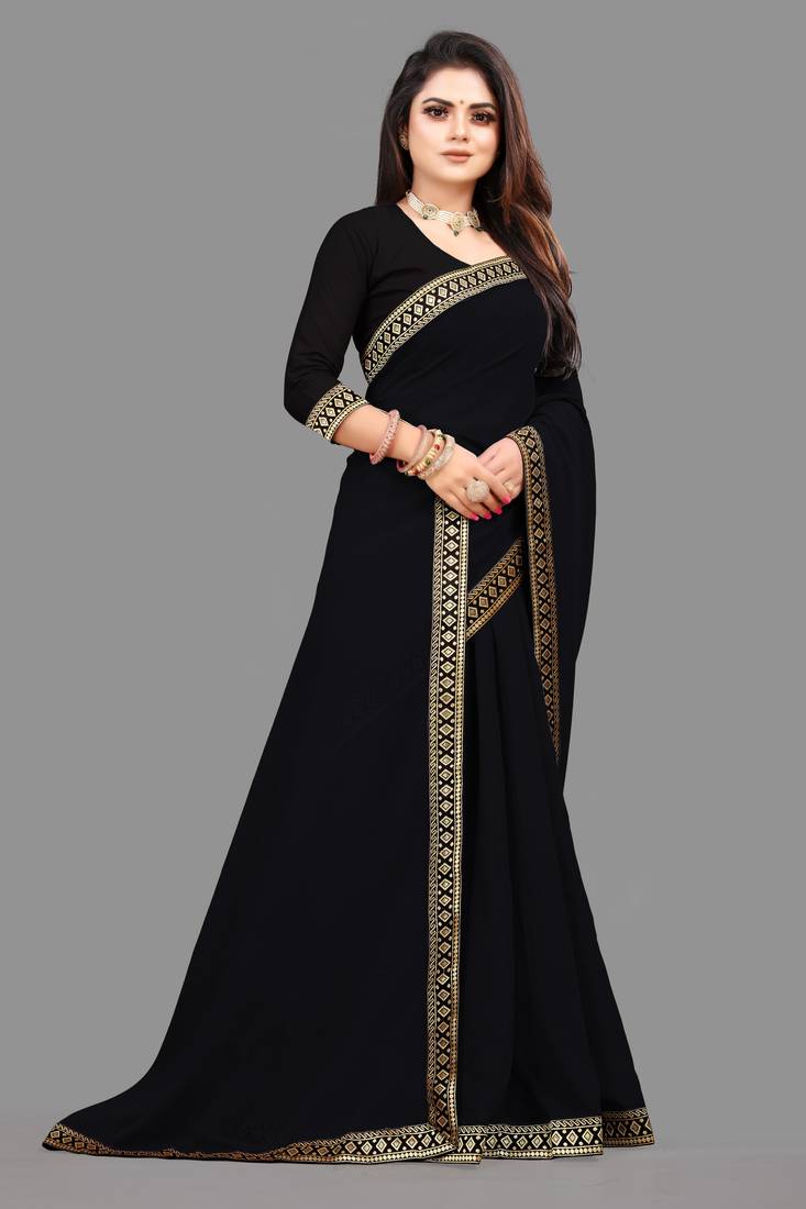 Black plain georgette saree with blouse