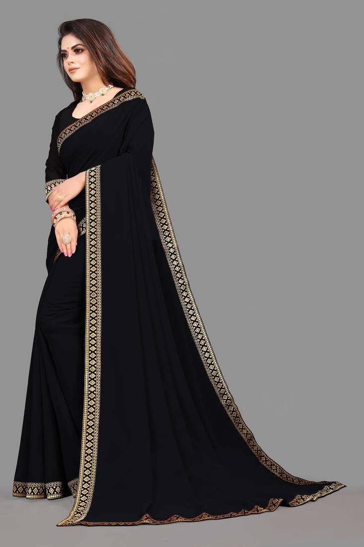 Black plain georgette saree with blouse