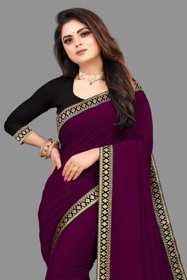 Dark Wine Plain Georgette Saree With Blouse 2