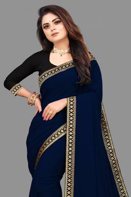 Navy blue plain georgette saree with blouse 1