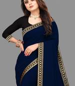 Navy blue plain georgette saree with blouse