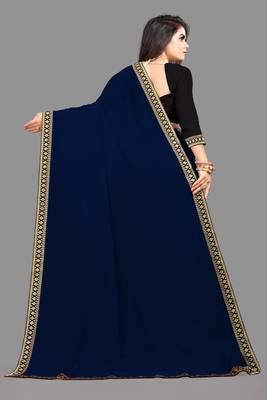 Navy blue plain georgette saree with blouse 2