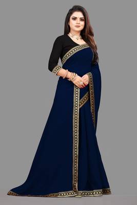 Navy blue plain georgette saree with blouse 3