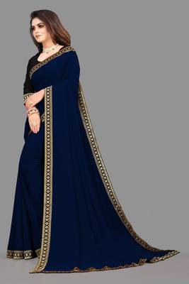 Navy blue plain georgette saree with blouse 4