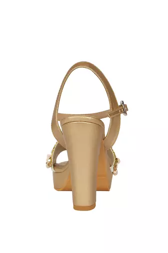 Beige Embroidered Block Heels