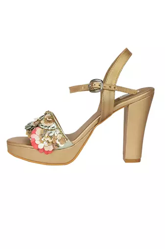Beige Embroidered Block Heels