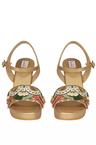Beige Embroidered Block Heels