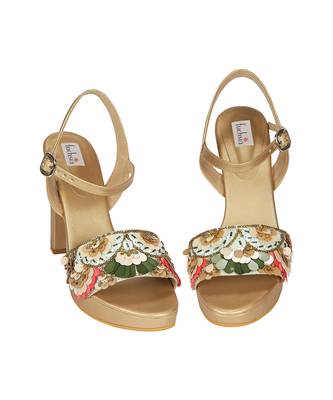 Beige Embroidered Block Heels 5