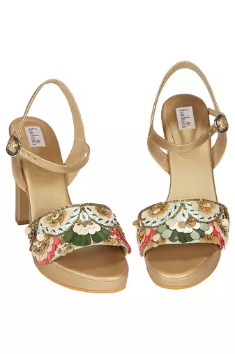 Beige Embroidered Block Heels
