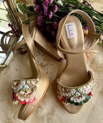 Beige Embroidered Block Heels 6