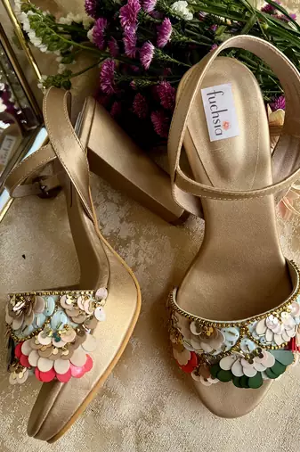 Beige Embroidered Block Heels