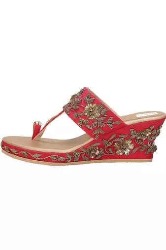 Dull Gold & Pink Embroidered Kohlapuri Heels