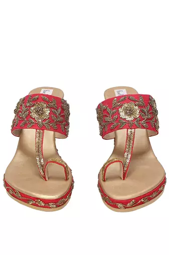 Dull Gold & Pink Embroidered Kohlapuri Heels