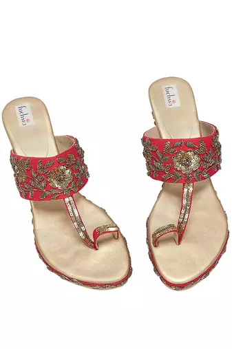 Dull Gold & Pink Embroidered Kohlapuri Heels