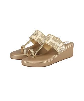 Gold Velvet Embellished Kolhapuri Wedges 1