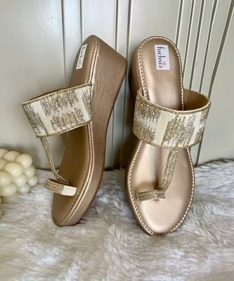 Gold Velvet Embellished Kolhapuri Wedges 2