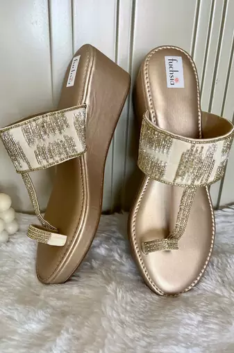 Gold Velvet Embellished Kolhapuri Wedges