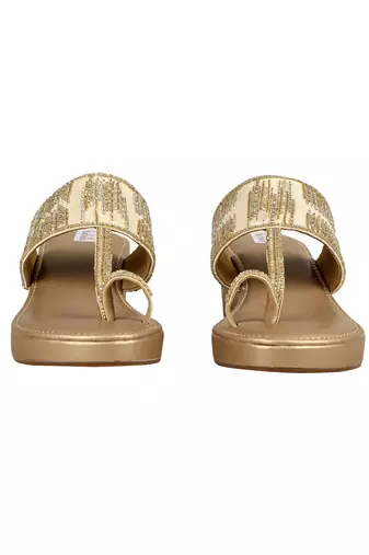 Gold Velvet Embellished Kolhapuri Wedges