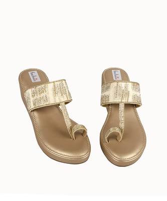 Gold Velvet Embellished Kolhapuri Wedges 5