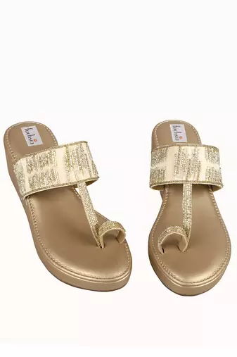 Gold Velvet Embellished Kolhapuri Wedges