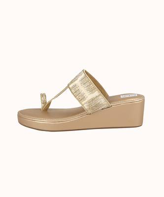 Gold Velvet Embellished Kolhapuri Wedges 6